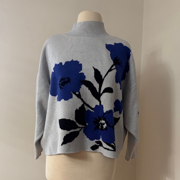 Anthropologie Sweaters - Anthropologie Light Gray Mock-Neck Sweater with Blue Floral Motif